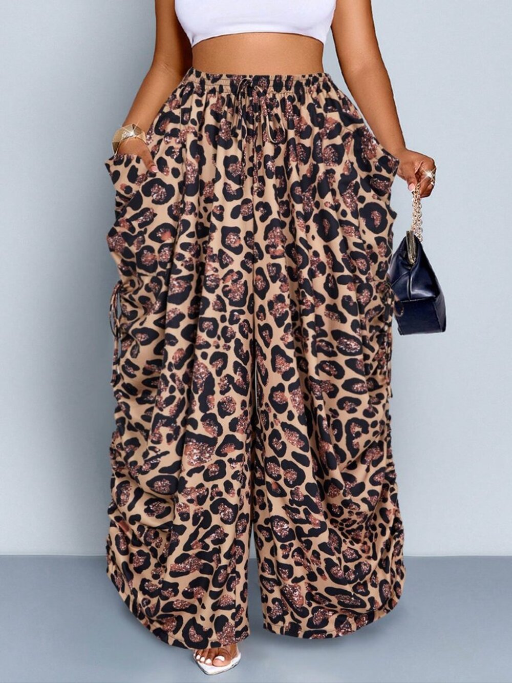 Brown Casual Women's Leopard Print Drawstring Wide-Leg Trousers
